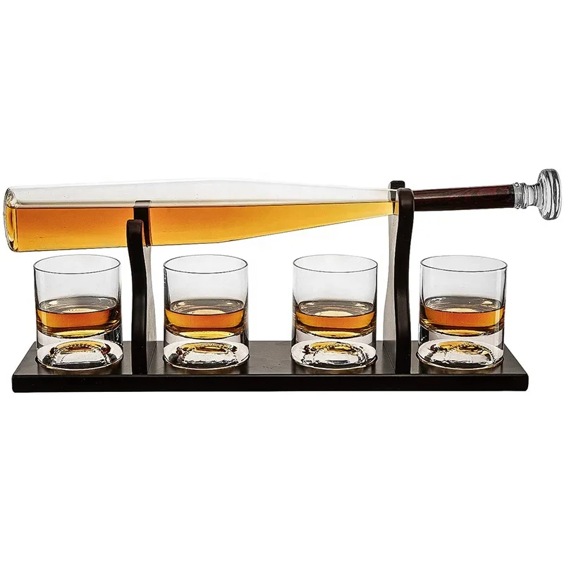 

Baseball Bat Whiskey Spirits Decanter Bottle and 4 Baseball Whiskey Glasses with Wooden Base Set for Luxury Gift