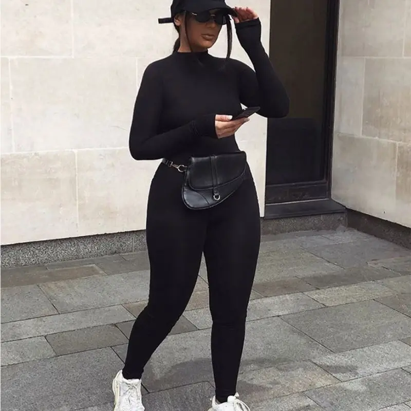 

2020 Women fashion Bodycon sexy long sleeve jumpsuit solid Color jumpsuit women casual women jumpsuit for autumn winter, White, black