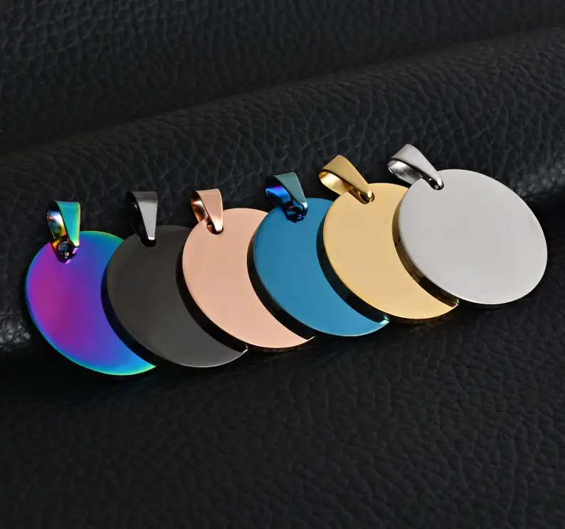 

The Most Popular Custom Jewelry Round Disc Logo Stainless Steel Pendant, Steel / gold / rose gold/ black / blue / colorful