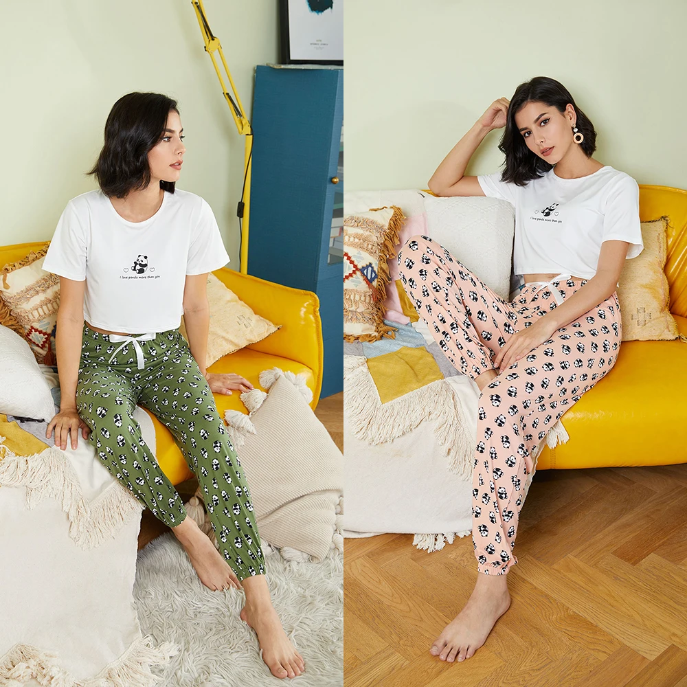 

2021 summer cartoon panda animal printed 2 pc pajamas set adult female ladies women's night suit sleepwear for girls adults, Pink, green