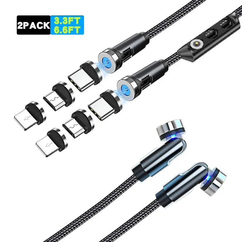 
540 ROTATION Magnetic cable nylon mobile phone type c micro usb fast charging cable 