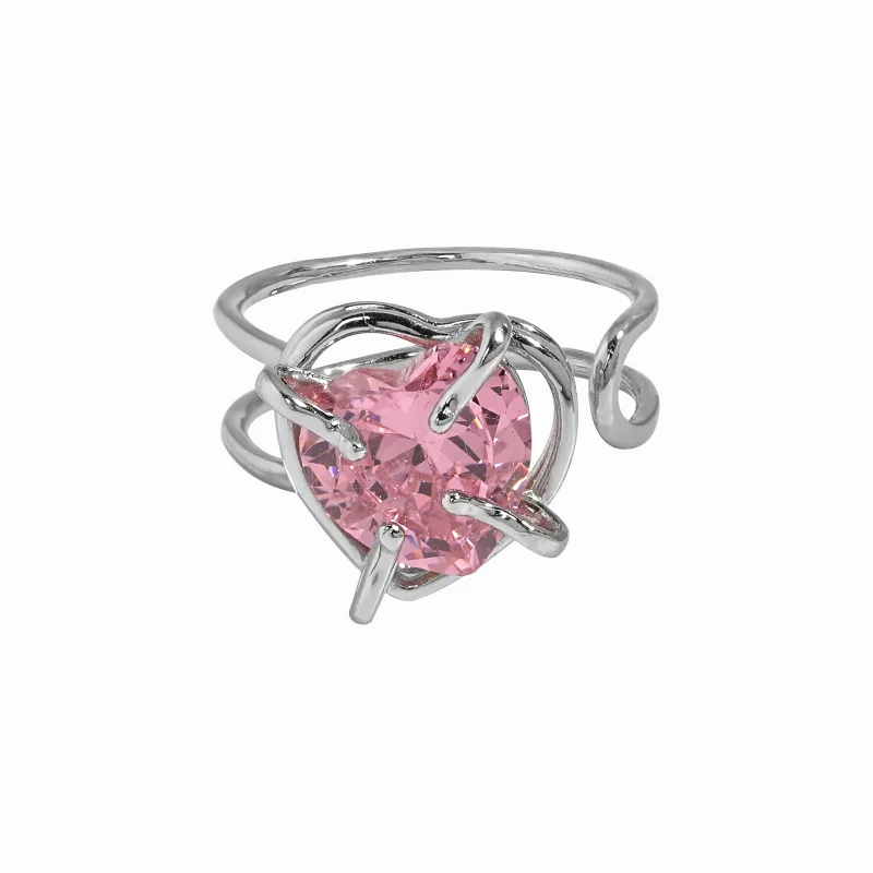 

Ins Exquisite Multilayer CZ Zircon Heart Finger Rings Bling Pink Rhinestone Crystal Heart Open Ring For Party