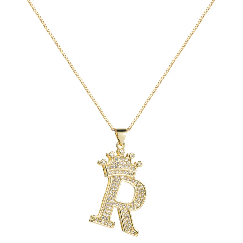 

Ins fashion brass color 26 English crown letters micro inlaid Zircon Pendant women's Necklace