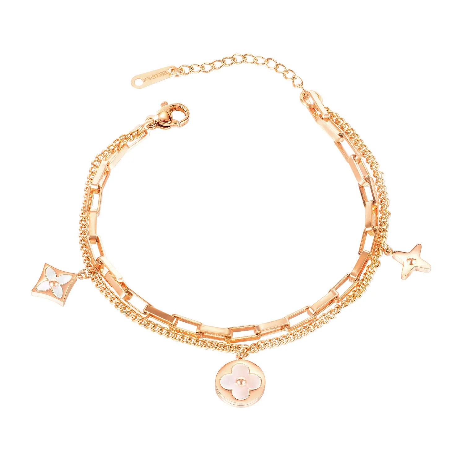 

Factory Jewelry Double Layer Chain Bracelet Fashion Stainless Steel Good Luck Four-Leaf Clover Bracelets Women, Rose gold