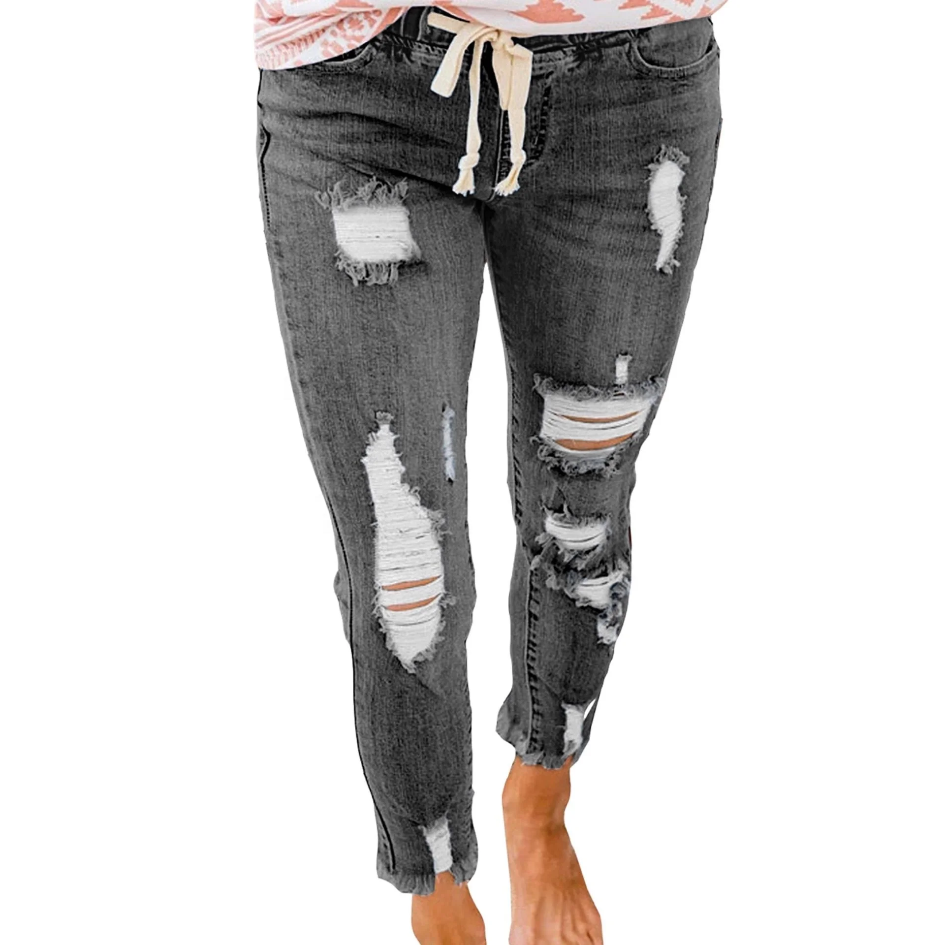 

Free Shipping O103 Lace-Up Ladies Pencil Pants Fashion Slim Women Ripped Skinny Jeans Denim Pants Trousers Leggings Blue Jeans