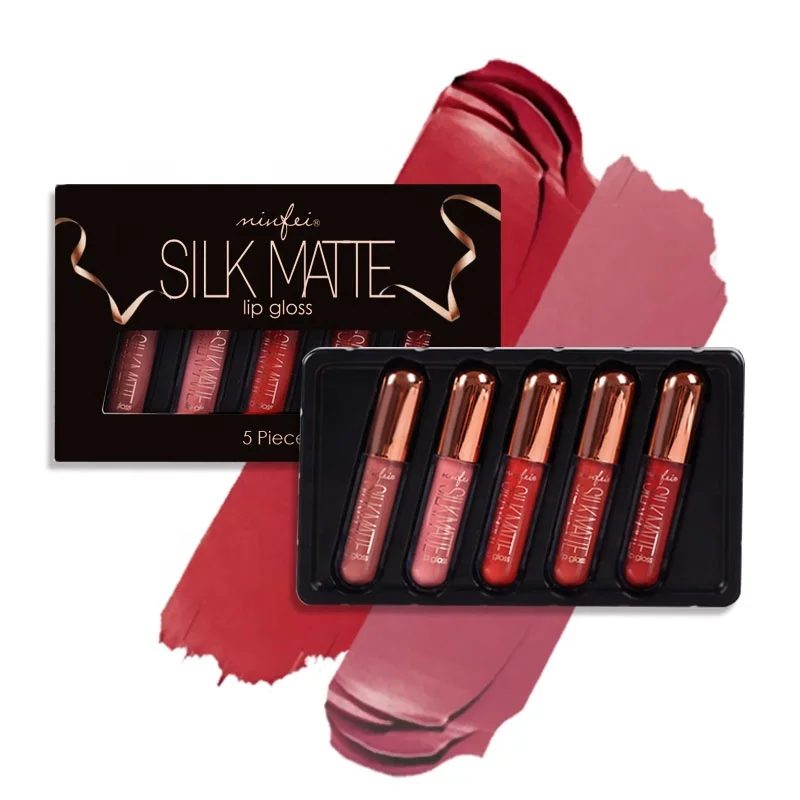 Minfei Wholesale Vegan Unique Long Lasting Waterproof Grey Rose Silky Matte Cream Lip Glazze Lip Gloss Set 5 pcs with Box 5ml