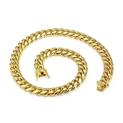 

Jachon 12MM wide Hip Hop jewelry Miami chain glossy gold chain bibcock Cuban chain necklace stainless steel necklace, Like picture