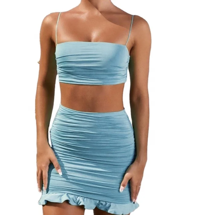 

two piece skirt set club outfits for women sexy Crop Top plus size womens skirts wrapped corset bandage 2 piece mini skirt sets, As the picture