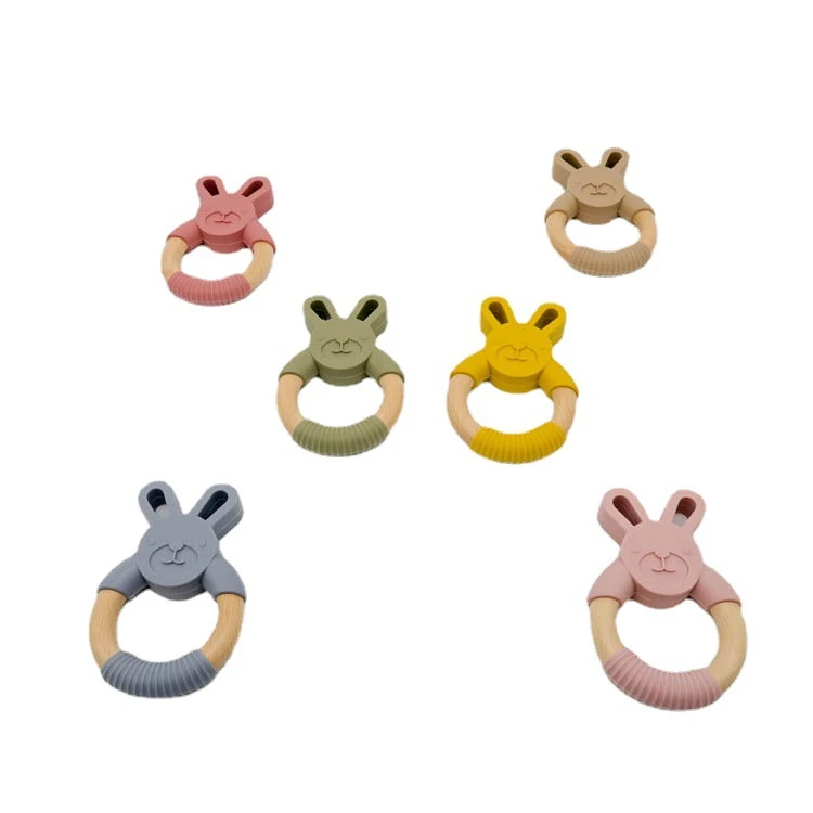 

W54 BPA Free Silicone Montessori Toy Wooden Ring Natural Wooden Teething Ring Baby Teether Bunny Baby Teething Toys Chew Toys