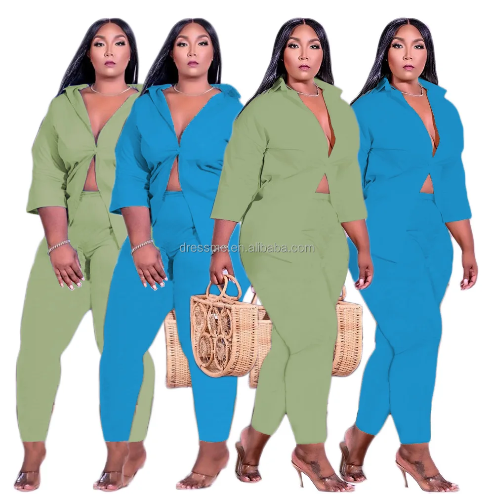 

MT234-88101 2021 autumn and winter new women's fashion solid color long-sleeved shirt suit two-piece plus size women clothing
