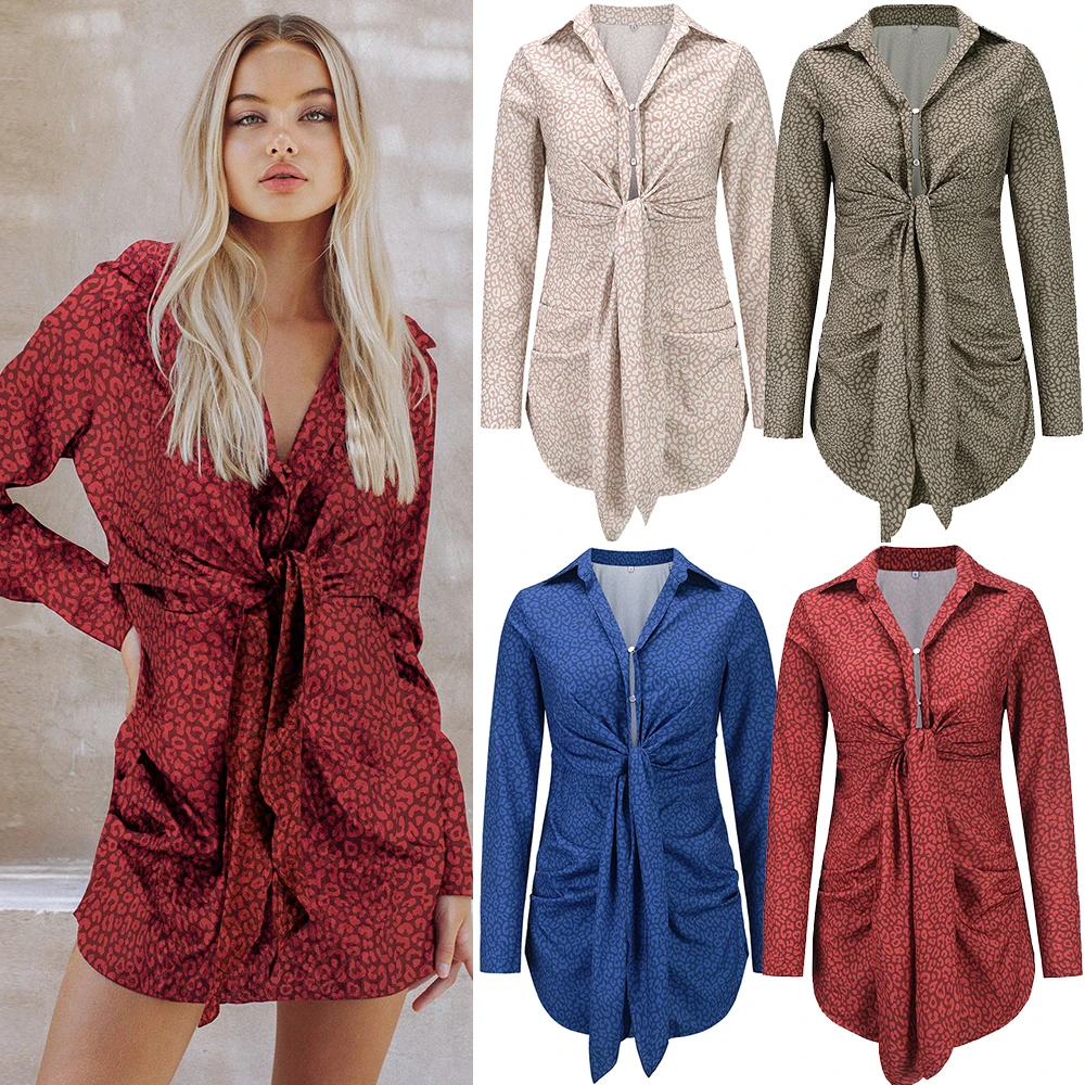 

Short Dress Turn-down Collar Girdle Miniskirt Long Sleeve Sexy Casual Shirt Dress Print Women Spring Autumn Clothes New Style