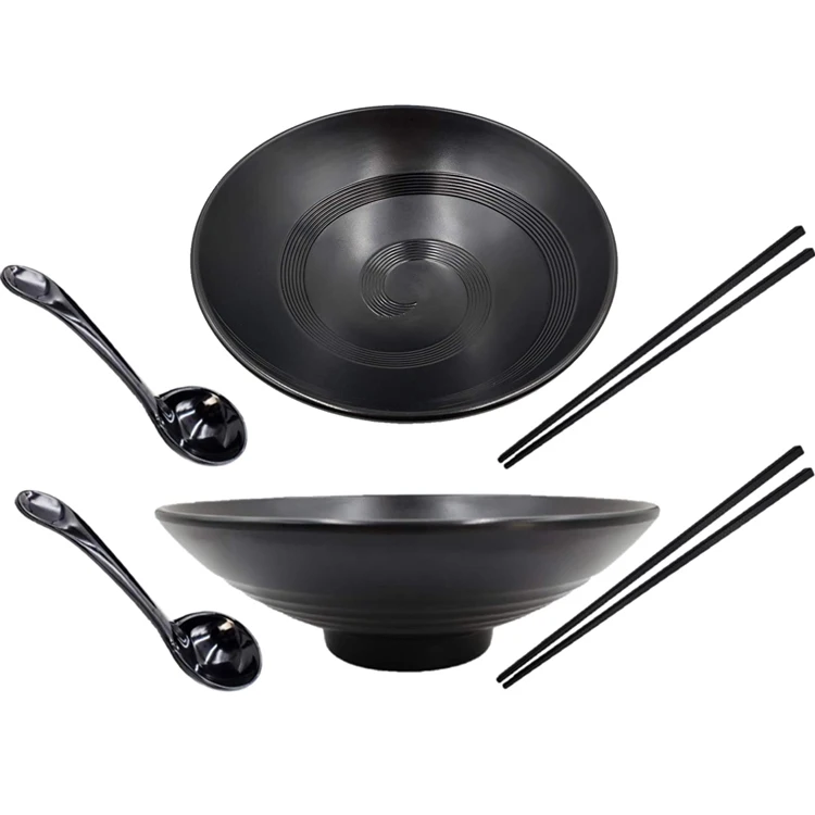 

Large Noodle Bowl Set with Chopsticks and Spoons for Ramen Korean Noodles Pho, 2 Sets Japanese Ramen Bowl Set Service for 2, Black