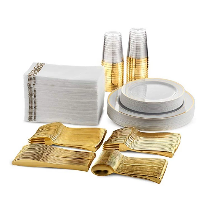 

Wholesale 175pcs Set Plastic Cups Round Dinner Salad Plates Dishes Disposable Gold Dinnerware Set, Available