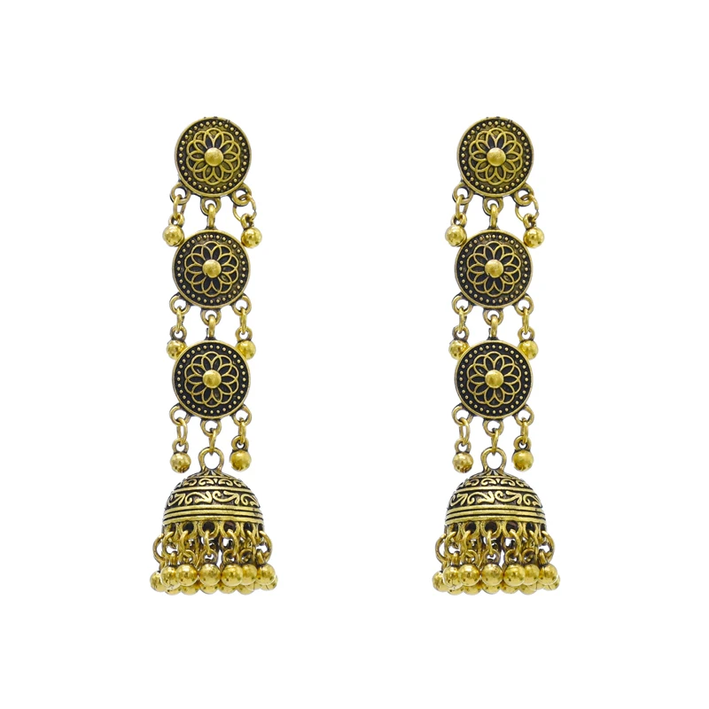 

Gypsy Afghani Round Multi-Layer Indian Jhumka Earrings For Women Bohemian Retro Gold Bell Long Tibetan Earrings Jewelry