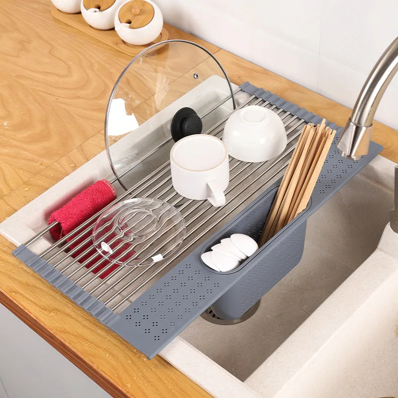 

Dish Drying Rack Stainless Steel Kitchen Roll Up Sink Dish Cup Plate Utensil Holder Drying Rack, Light gray, dark gray,black