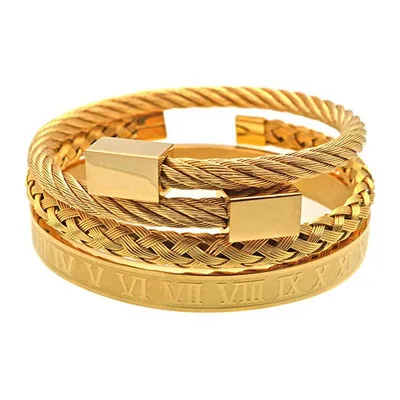 

High Quality Titanium Charm Cuff Bangle Set Hip Hops 18K Gold Plated Roman Numerals Bracelet Set For Men