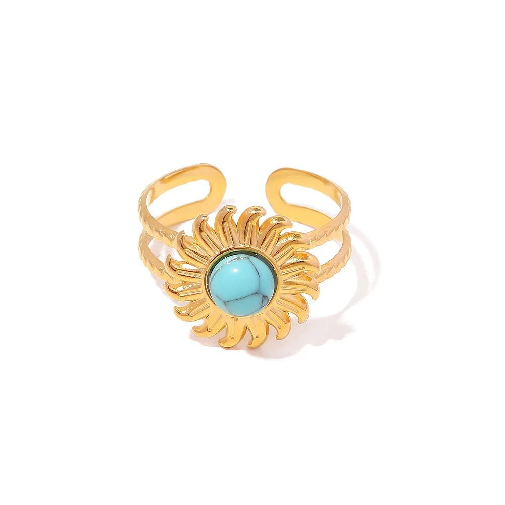 

Ins Fashion Sun Shape Turquoise Dianty Layer 18K PVD Gold Plated Stainless Steel Stacking Ring