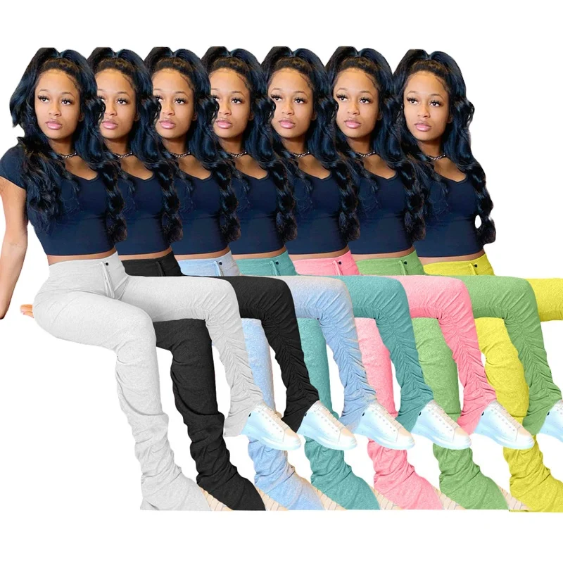 

2021 new women spring girl sweat pants elastic waist joggers stacked pants for woman