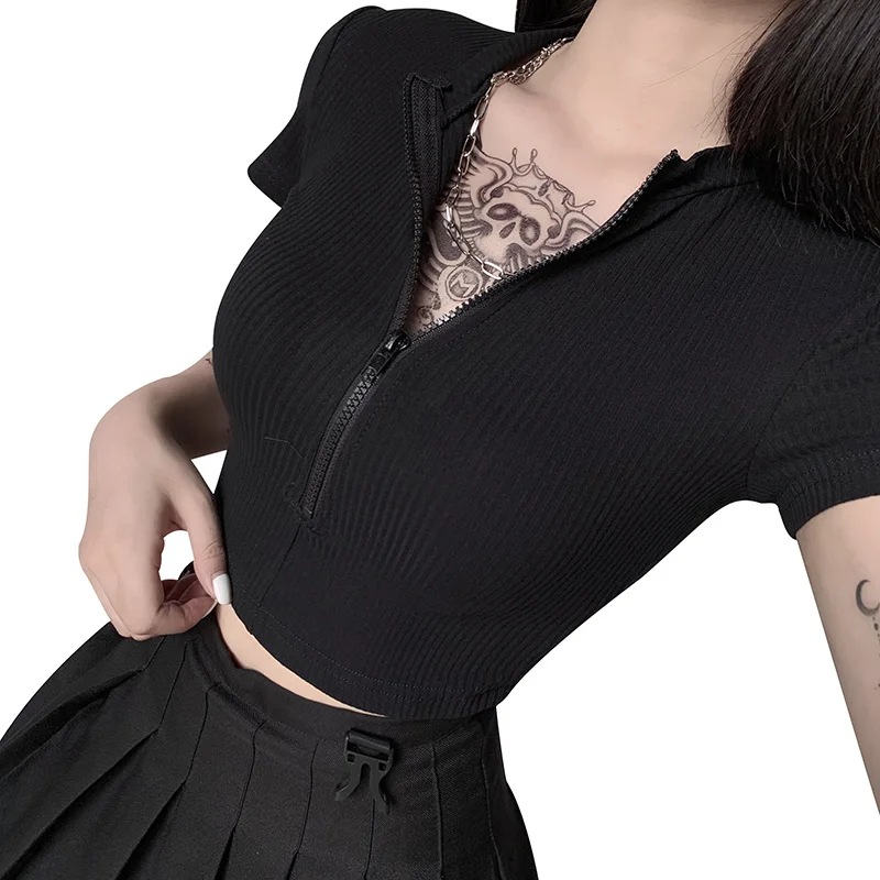

High quality sexy slim cotton t shirt women stand collar and zipper sports crop top, Customized color