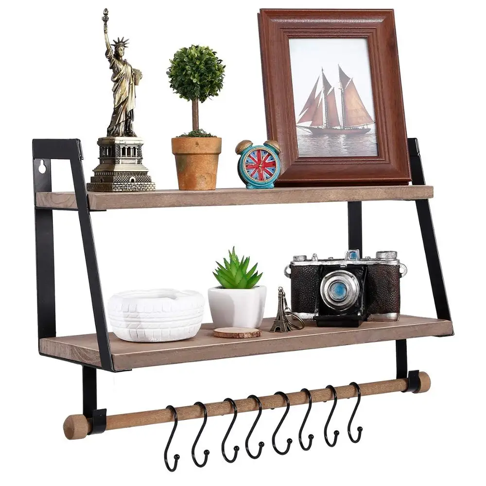 

2-Tier Floating Shelves Wall Mount for Kitchen Spice Rack with 8 Hooks Storage, Rustic Farmhouse Wood Wall Shelf for Bathroom, Black and brown