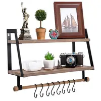 

2-Tier Floating Shelves Wall Mount for Kitchen Spice Rack with 8 Hooks Storage, Rustic Farmhouse Wood Wall Shelf for Bathroom