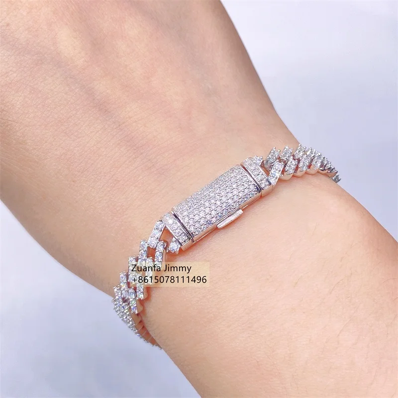 

Fashion Hip Hop Jewelry 925 Silver White Gold Plated 7mm 8mm 10mm Width One Row VVS Moissanite Diamond Cuban Link Bracelet