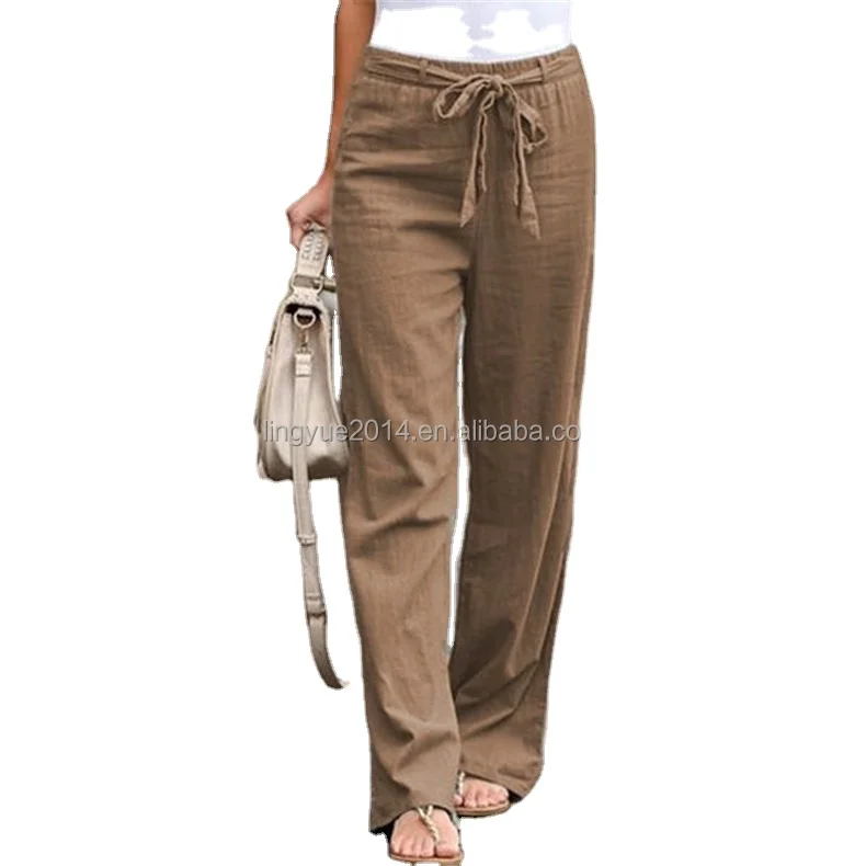 

Women's cotton and linen Wide Leg Pants Drawstring Loose Workout Jogger Sweatpants