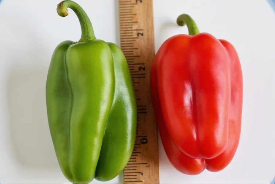 Close-up comparison of fresh green and red Fresno peppers next to a ruler showing their typical 2-3 inch length