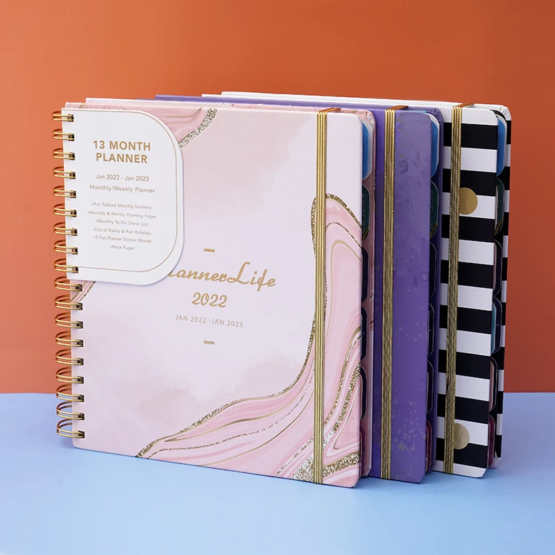 

2022 2023 colored divider pages hardcover pink marble agenda diary weekly spiral planner
