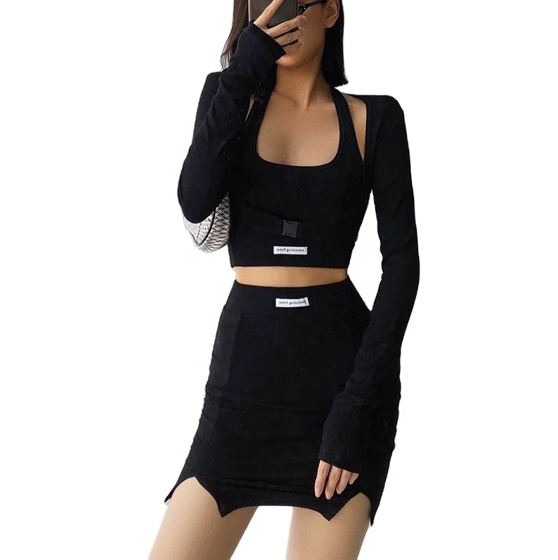 

Custom Summer Stylish Sexy 3pcs Black Mini Streetwear Women Skirt Set Fashion Ribbed Fabric Crop Top Tank Skirt suit with Bucket