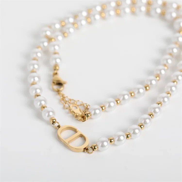 

Wholesale round beads pearl necklace stainless steel sign charm pendant jewelry