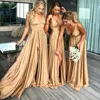 Sexy Slit Champagne Yellow Bridesmaid Dresses Ladies Long Chiffon Prom Party Gowns