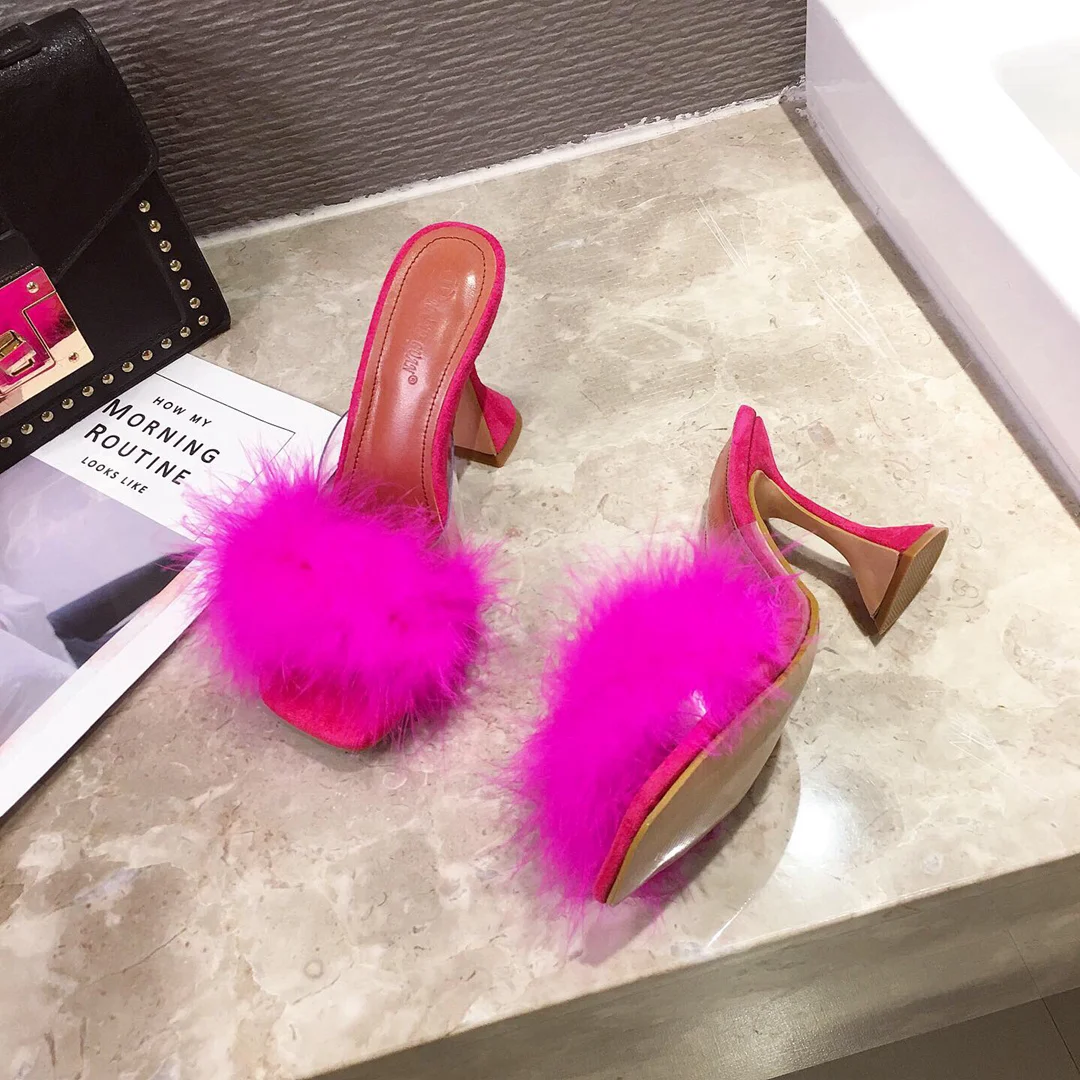 

Best quality glass heel fur slippers sandals fur slippers for girls, Pink