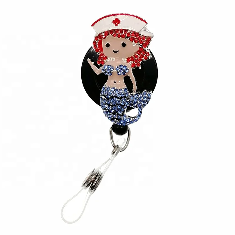 

New Arrival Wholesale Rhinestone Cartoon Mermaid Retractable Badge Holder Medical Nurse Enamel ID Card Badge Reel with Clips