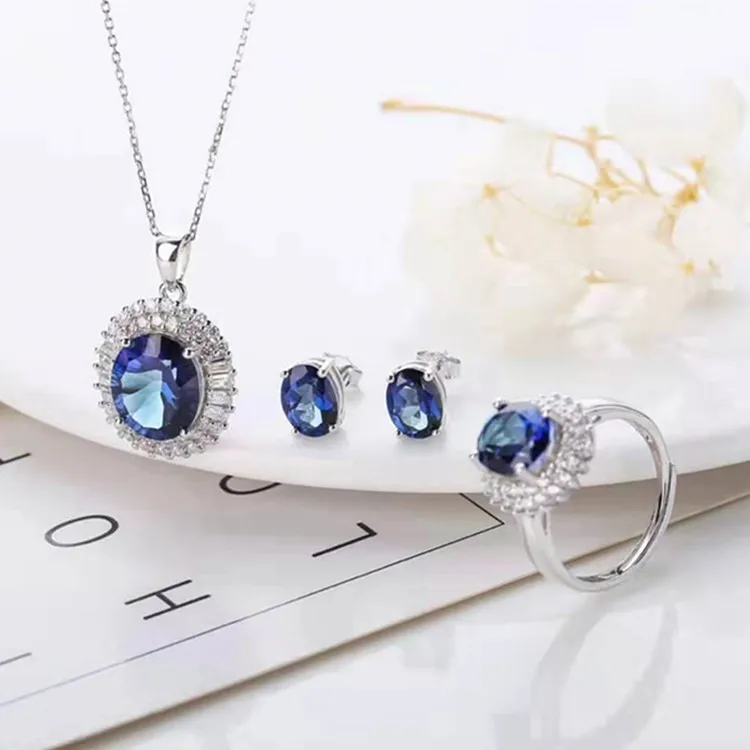 

high quality fashion gemstone jewelry 925 silver natural tanzanite blue topaz stud earring pendant necklace adjustable ring set