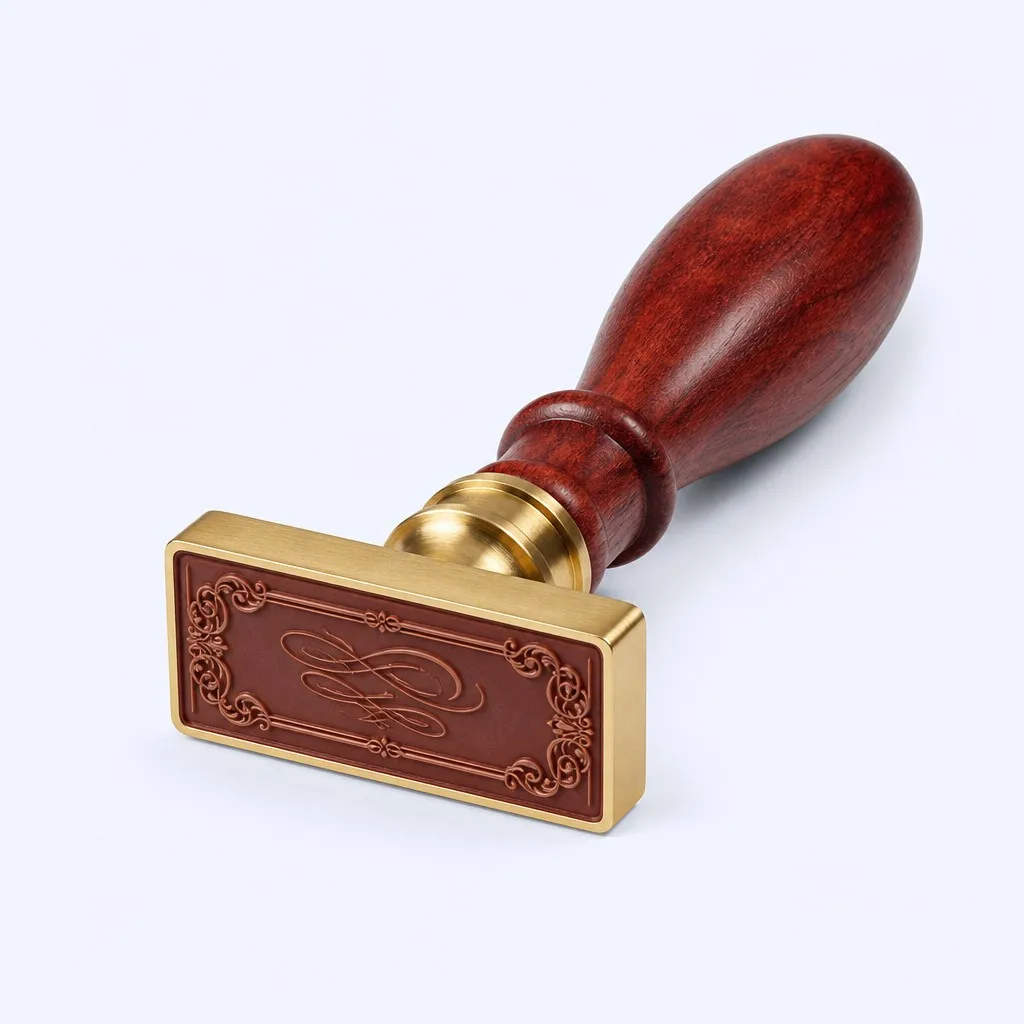 Wedding Calligraphy stamp - cherry rosewood handle with brass collar and ornate rectangular calligraphy border engraving