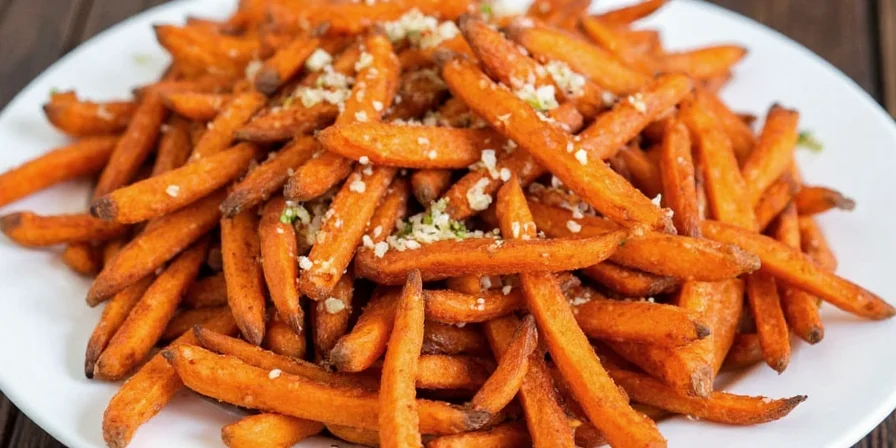 Baked sweet potato fries cooling on a tray with herbs nearby.