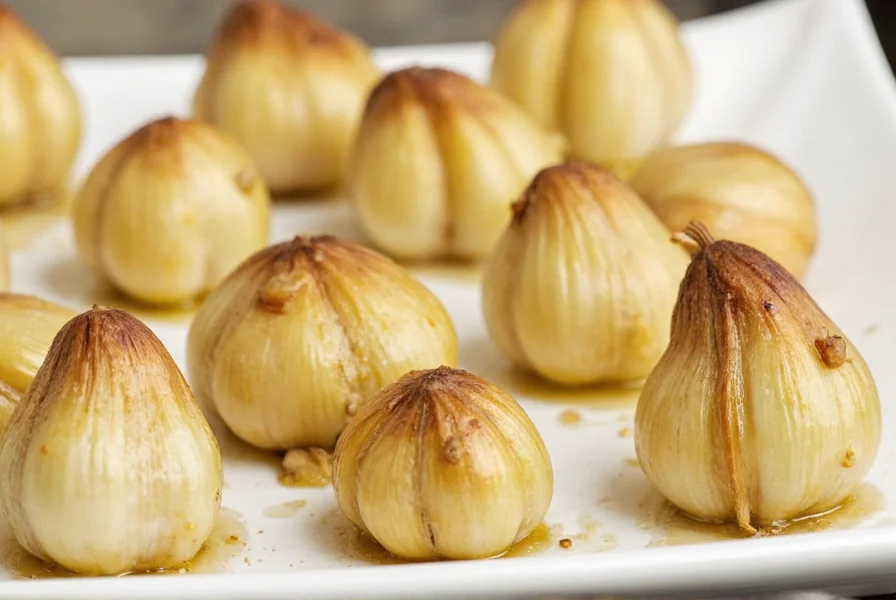 Roasted garlic cloves served on a wooden board with fresh herbs