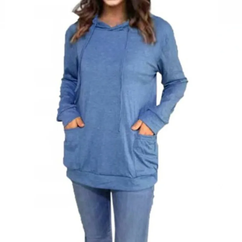Autumn Long Sleeve Women'S Hoodies Solid Color Tops Sweatshirt With Pocket