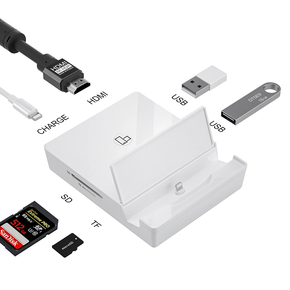 

All in 1 Lighting USB Digital AV Adapter SD TF Camera Connector Card Reader Adaptor for iPhone iPad OTG Adapter, White