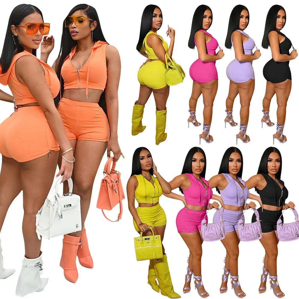 

Women Summer Clothing Fashion Sleeveless Hoodies Crop Top Biker Short Sets Two Piece Solid Shorts and Hoodie Jogger Set