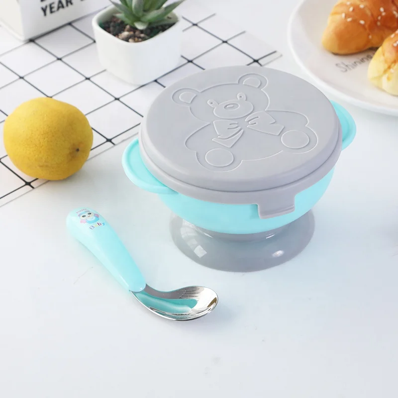 

Food contacted safe for kids and babies food passed silicone baby suction bowl and spoon, Green/purple