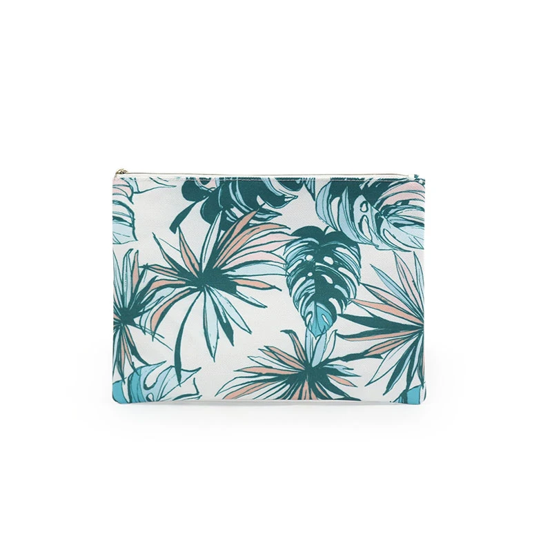 

Top quality stylish reusable portable custom design printed travel canvas cosmetic pouch, Leaf blue
