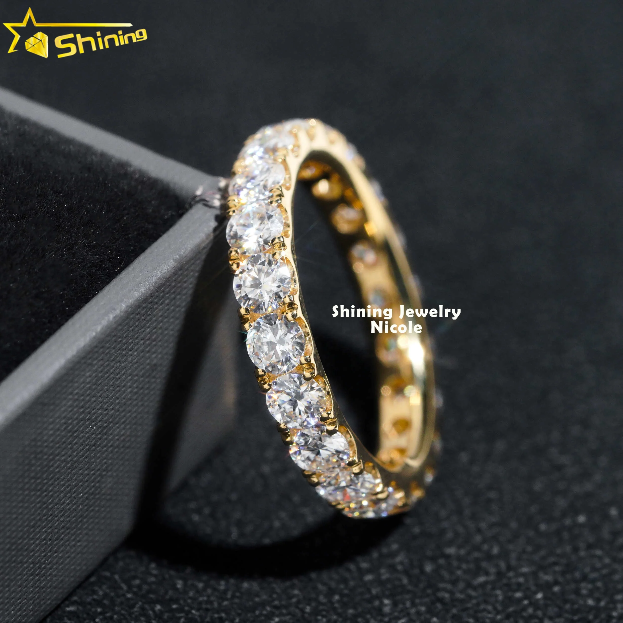 

Hot Sale Pass Diamond Tester 3MM Eternity Band 18k Solid Yellow Gold Engagement Moissanite Diamond Ring