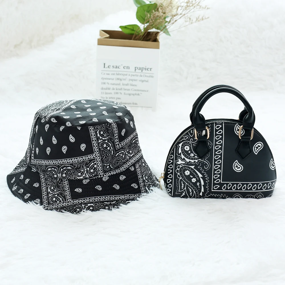 

2021 Ins Trendy Cashew Flower Women Hand Bags Set Bandana Print Bucket Hat and Matching Shoulder Bag Purse Sets, 6 colors