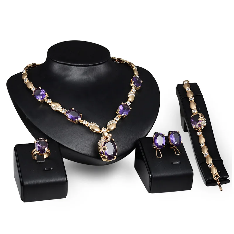 

2021 Hot sells 4 piece high quality gemstone gold plating earrings necklace ring bracelet jewelry set, Picture shows