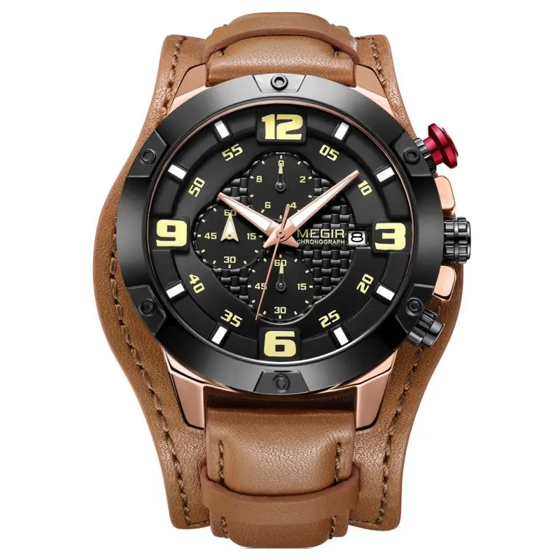 Megir 2099 Custom Logo Men Luxury Brand Watches Chrono Quartz Movt Leather Military Pilot Watch