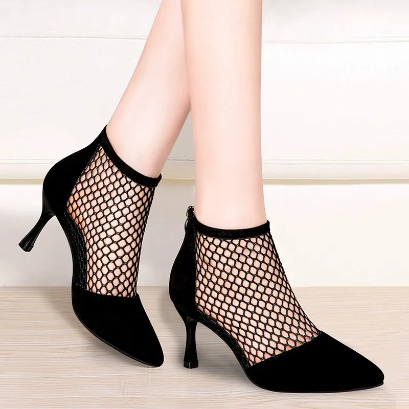 

PULOMIES Summer Women High Sexy Fishnet Ankle Suede Pointed Toe Thin Sandals Women Casual Shoes
