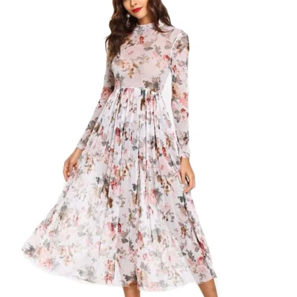 

MANNI Mock Neck Chiffon Beach Wear Women Long Sleeve Floral White beach bohemian dresses, Print