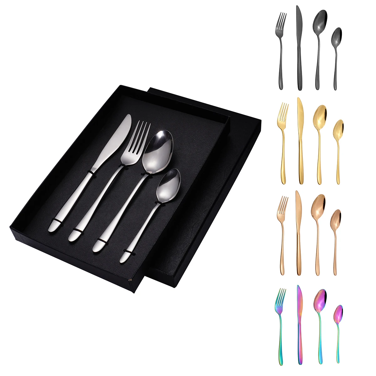 

New Style Kitchen Luxury Reusable Silver Forks Spoons Black Gold Wedding Flatware Stainless Steel Cutlery Set With Gift Box, Silver,gold,rose glod,colorful,black